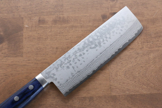 Kunihira Sairyu VG10 Damascus Nakiri 165mm Blue Pakka wood Handle - Seisuke Knife