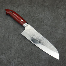  Takeshi Saji New Nomura Style SRS13 Hammered Santoku  180mm Red and Black Micarta Handle - Seisuke Knife