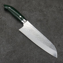  Takeshi Saji New Nomura Style SRS13 Hammered Santoku  180mm Green Micarta Handle - Seisuke Knife