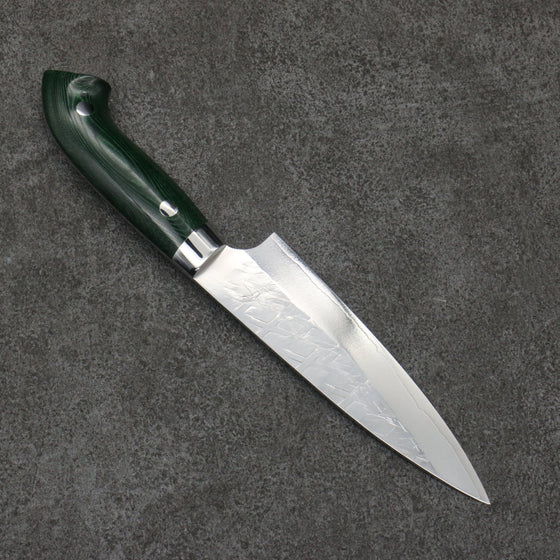 Takeshi Saji New Nomura Style SRS13 Hammered Petty-Utility  130mm Green Micarta Handle - Seisuke Knife