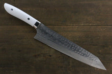  Takeshi Saji SRS13 Hammered Damascus Kengata Gyuto  240mm White Stone Handle - Seisuke Knife