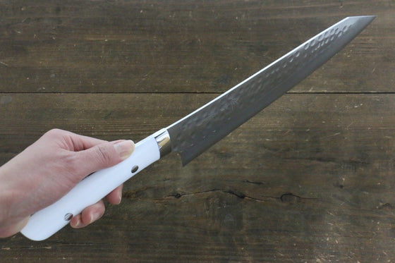 Takeshi Saji SRS13 Hammered Damascus Kengata Gyuto 240mm White Stone Handle - Seisuke Knife