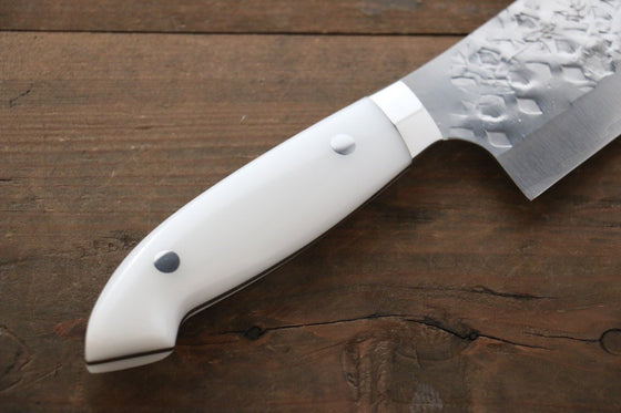 Takeshi Saji SRS13 Hammered Santoku Japanese Knife 180mm White Stone Handle - Seisuke Knife