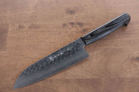 Yoshimi Kato VG10 Hammered Damascus Santoku 170mm with Black Pakkawood Handle - Seisuke Knife