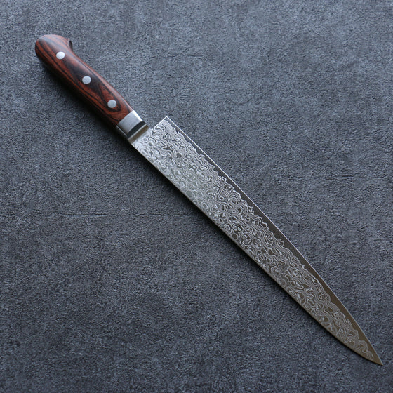 Seisuke Mokusei ZA-18 Mirrored Finish Damascus Sujihiki 240mm Brown Pakka wood Handle - Seisuke Knife