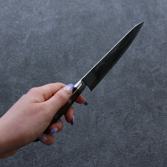 Seisuke Nami AUS10 Mirrored Finish Damascus Petty-Utility 135mm Brown Pakka wood Handle - Seisuke Knife