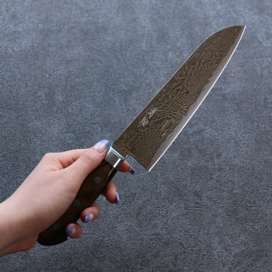 Seisuke Nami AUS10 Mirrored Finish Damascus Santoku 180mm Brown Pakka wood Handle - Seisuke Knife