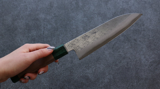 Seisuke Blue Super Hammered Santoku 165mm with Walnut & Double Green Pakkawood Handle - Seisuke Knife
