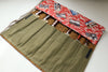 Japanese Style Knife Roll - Hokusai Red with Plain Green Pocket (7 Pockets) - Seisuke Knife