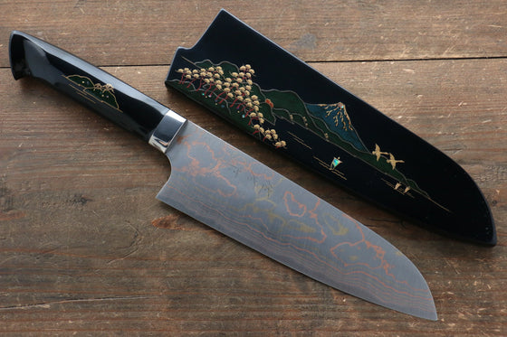 Takeshi Saji Blue Steel No.2 Colored Damascus Maki-e Art Fujisan Santoku 180mm Lacquered Handle - Seisuke Knife