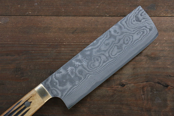 Takeshi Saji VG10 Black Damascus Nakiri 170mm Brown Cow Bone Handle - Seisuke Knife