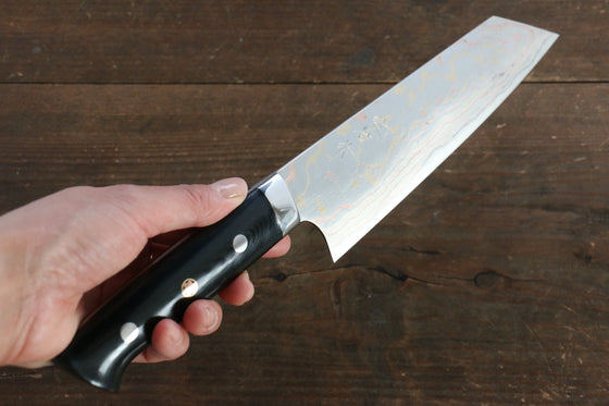 Takeshi Saji Blue Steel No.2 Colored Damascus Bunka  175mm Black Micarta Handle - Seisuke Knife