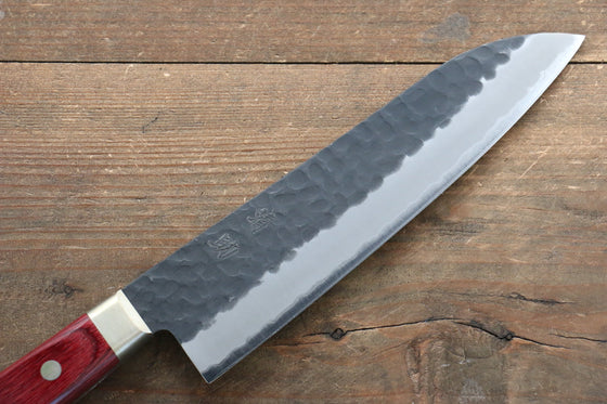 Seisuke Kurobeni Blue Super Hammered Kurouchi Santoku  185mm with Red Pakkawood Handle - Seisuke Knife