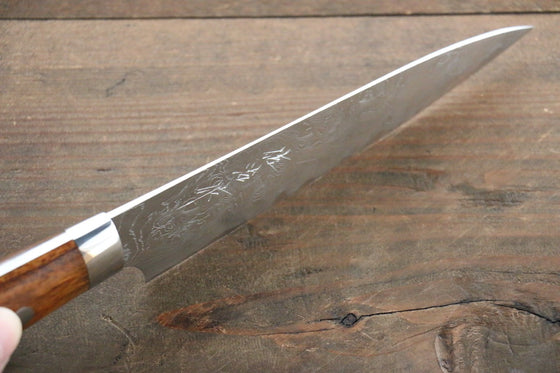 Takeshi Saji R2/SG2 Diamond Finish Damascus Petty Japanese Chef Knife 135mm wtih Ironwood handle - Seisuke Knife