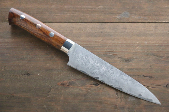 Takeshi Saji R2/SG2 Diamond Finish Damascus Petty Japanese Chef Knife 135mm wtih Ironwood handle - Seisuke Knife