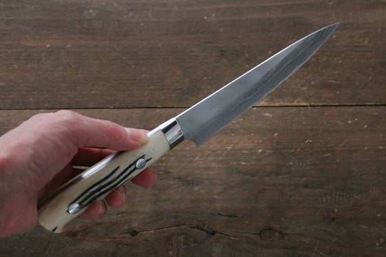 Takeshi Saji Blue Super Migaki Finished Damascus Petty-Utility Japanese Knife 135mm White Cow Bone Handle - Seisuke Knife