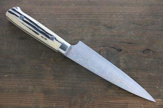 Takeshi Saji Blue Steel No.2 Colored Damascus Petty-Utility  135mm White Cow Bone Handle - Seisuke Knife