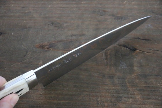 Takeshi Saji Blue Steel No.2 Colored Damascus Petty-Utility  135mm White Cow Bone Handle - Seisuke Knife