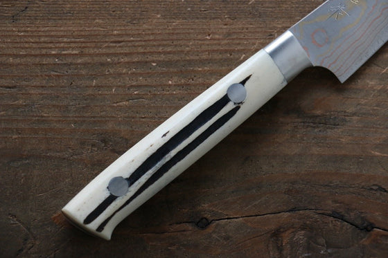Takeshi Saji Blue Steel No.2 Colored Damascus Petty-Utility Japanese Knife 90mm White Cow Bone Handle - Seisuke Knife