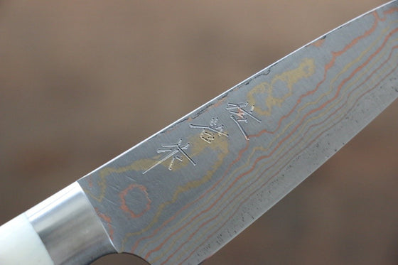 Takeshi Saji Blue Steel No.2 Colored Damascus Petty-Utility Japanese Knife 90mm White Cow Bone Handle - Seisuke Knife