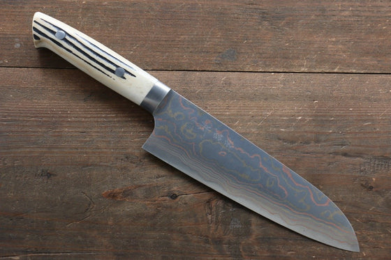 Takeshi Saji Blue Steel No.2 Colored Damascus Santoku 180mm White Cow Bone Handle - Seisuke Knife