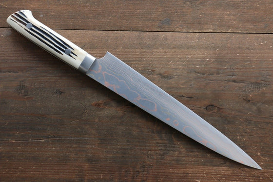 Takeshi Saji Blue Steel No.2 Colored Damascus Sujihiki 240mm White Cow Bone Handle - Seisuke Knife