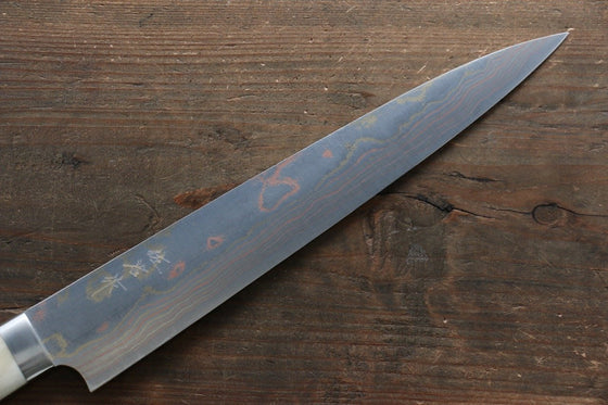 Takeshi Saji Blue Steel No.2 Colored Damascus Sujihiki 240mm White Cow Bone Handle - Seisuke Knife