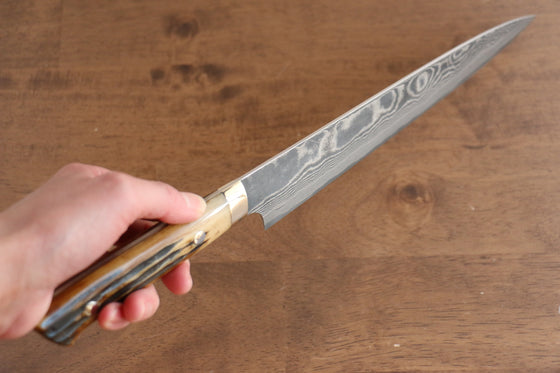 Takeshi Saji VG10 Black Damascus Sujihiki 240mm Brown Cow Bone Handle - Seisuke Knife