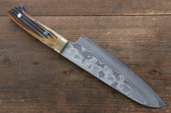 Takeshi Saji VG10 Black Damascus Santoku Japanese Knife 180mm Yellow Cow Bone Handle - Seisuke Knife