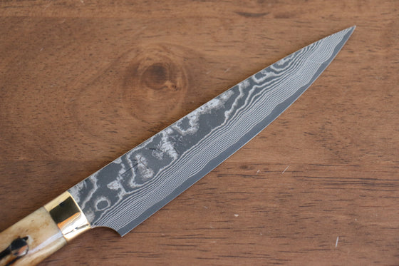 Takeshi Saji VG10 Black Damascus Petty-Utility 130mm Brown Cow Bone Handle - Seisuke Knife