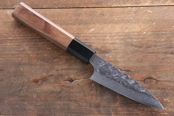 Takeshi Saji VG10 Diamond Finish Hammered Damascus Petty-Utility 90mm Walnut Handle - Seisuke Knife