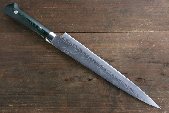 Takeshi Saji VG10 Diamond Finish Damascus Sujihiki Japanese Knife 240mm Green Micarta Handle - Seisuke Knife