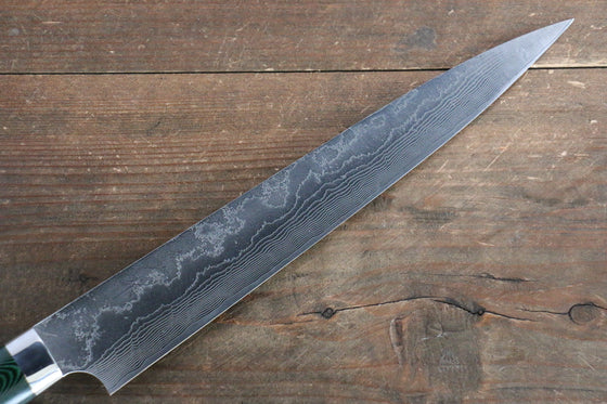 Takeshi Saji VG10 Diamond Finish Damascus Sujihiki Japanese Knife 240mm Green Micarta Handle - Seisuke Knife