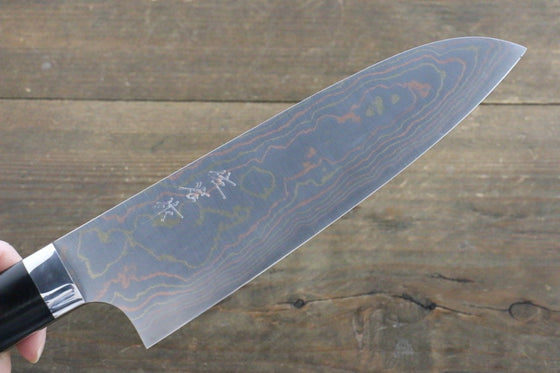 Takeshi Saji Blue Steel No.2 Colored Damascus Santoku  180mm Black Micarta Handle - Seisuke Knife