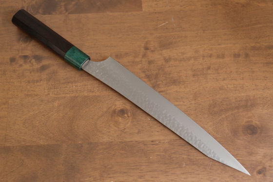 Yu Kurosaki Senko Ei SG2 Hammered Sujihiki 240mm Shitan (ferrule: Green Pakka wood) Handle - Seisuke Knife