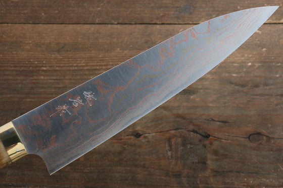 Takeshi Saji Blue Steel No.2 Colored Damascus Gyuto 210mm Brown Cow Bone Handle - Seisuke Knife