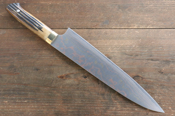 Takeshi Saji Blue Steel No.2 Colored Damascus Gyuto 240mm Brown Cow Bone Handle - Seisuke Knife