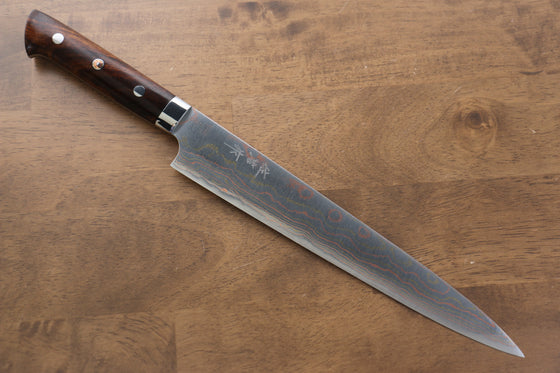 Takeshi Saji Blue Steel No.2 Colored Damascus Sujihiki 240mm Ironwood Handle - Seisuke Knife