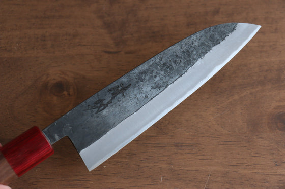 Seisuke Kurumi Blue Steel Kurouchi Santoku 165mm with Walnut and Double Red Pakkawood Ring Handle - Seisuke Knife