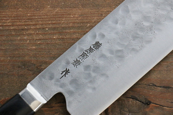 Fujiwara Teruyasu Maboroshi White Steel No.1 Nashiji Hammered Nakiri Japanese Knife 150mm with Black Pakkawood Handle - Seisuke Knife