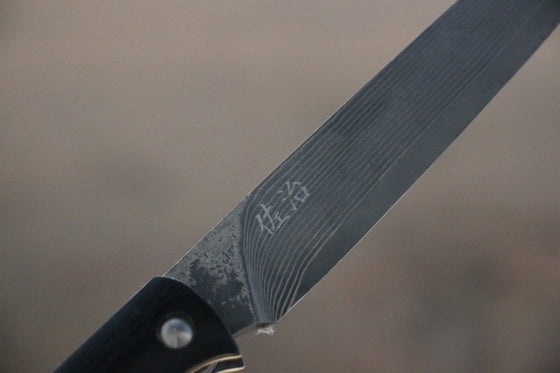 Takeshi Saji R2/SG2 Black Damascus Folding Steak Knife 100mm with Black Micarta Handle - Seisuke Knife