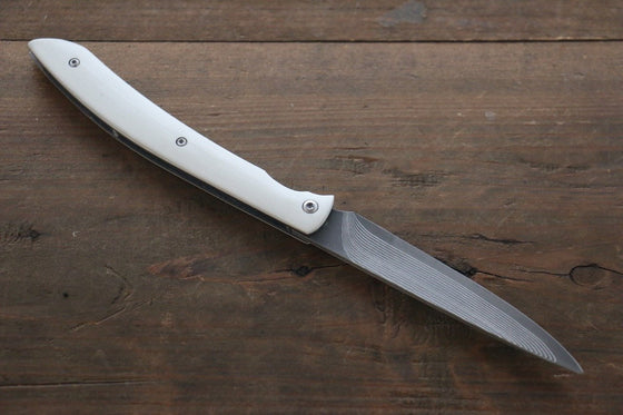 Takeshi Saji R2/SG2 Black Damascus Folding Steak Knife 100mm with White Micarta Handle - Seisuke Knife
