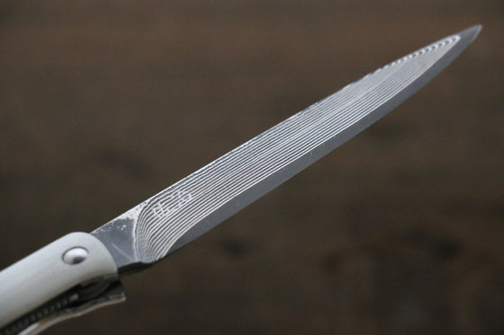 Takeshi Saji R2/SG2 Black Damascus Folding Steak Knife 100mm with White Micarta Handle - Seisuke Knife