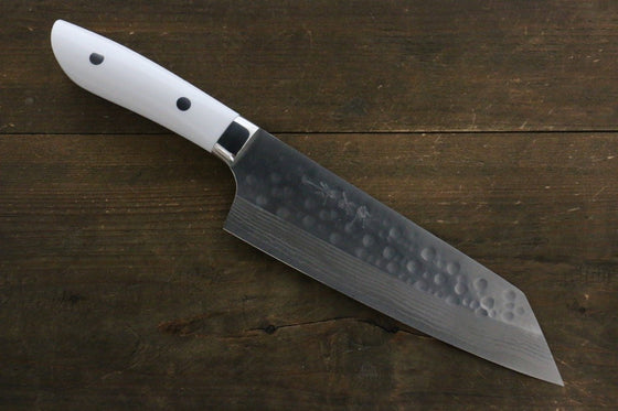 Takeshi Saji SRS13 Hammered Damascus Bunka 180mm with White Stone Handle - Seisuke Knife