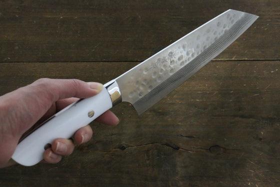 Takeshi Saji SRS13 Hammered Damascus Bunka 180mm with White Stone Handle - Seisuke Knife