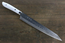  Takeshi Saji SRS13 Hammered Damascus Sujihiki 270mm White Stone Handle - Seisuke Knife
