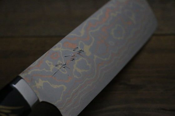 Takeshi Saji Maki-e Art Blue Steel No.2 Colored Damascus Maki-e Art Fujisan Nakiri  180mm Lacquered Handle - Seisuke Knife