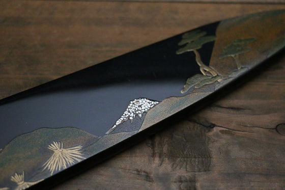 Takeshi Saji Maki-e Art Blue Steel No.2 Colored Damascus Gyuto Japanese Knife 240mm Lacquered Handle - Seisuke Knife