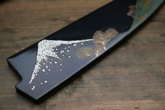 Takeshi Saji Maki-e Art Blue Steel No.2 Colored Damascus Maki-e Art Fujisan Santoku 180mm Lacquered Handle - Seisuke Knife